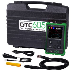 Picture of the GTC605 Fuel Injection Analyzer kit, including core unit, sensor, sensor cable, grounding lead, USB-C cable, and carrying case