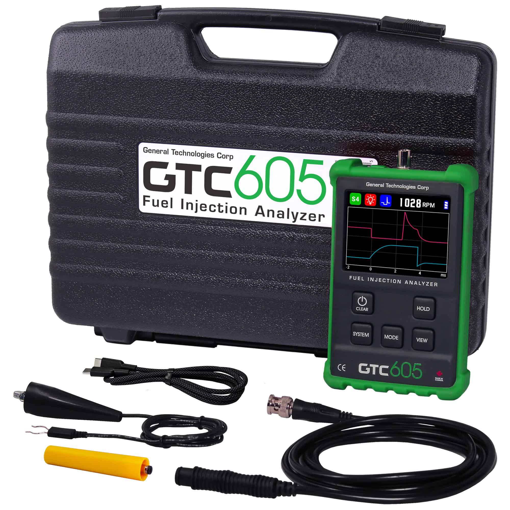 Picture of the GTC605 Fuel Injection Analyzer kit, including core unit, sensor, sensor cable, grounding lead, USB-C cable, and carrying case