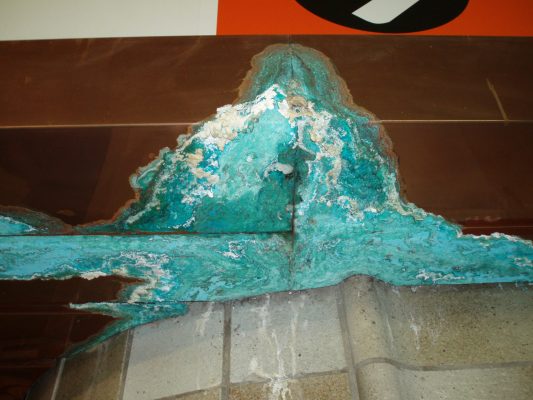 Verdigris picture of corroded copper producing verdigris